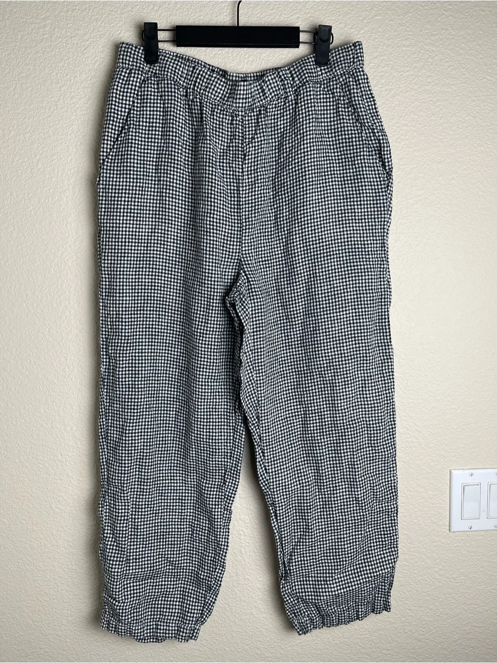 Quince 100% European Linen Pants Classic Mini Gingham Black White Pull-On Sz L
